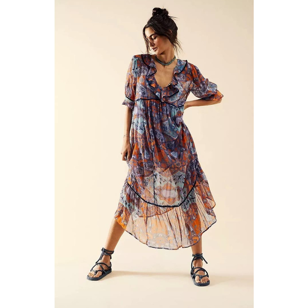 Free People Cassis Chiffon Sheer Maxi Dress with Attached Slip sz S NWT $198 NEW - Picture 1 of 16
